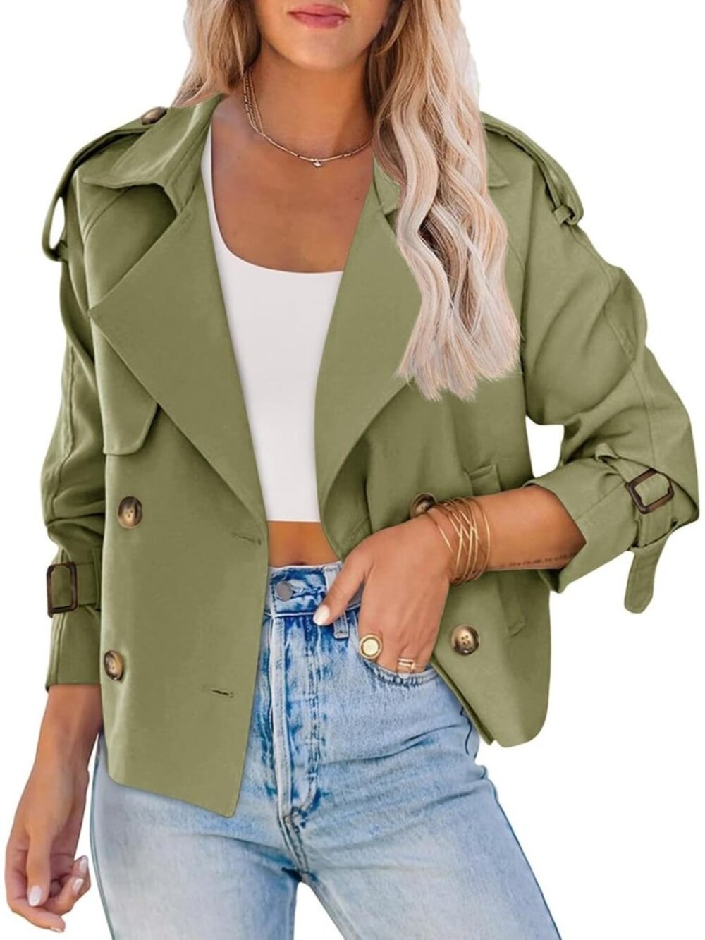 Women's Green Cropped Raglan Sleeve Lapel Collar Double Breasted Trench Coat